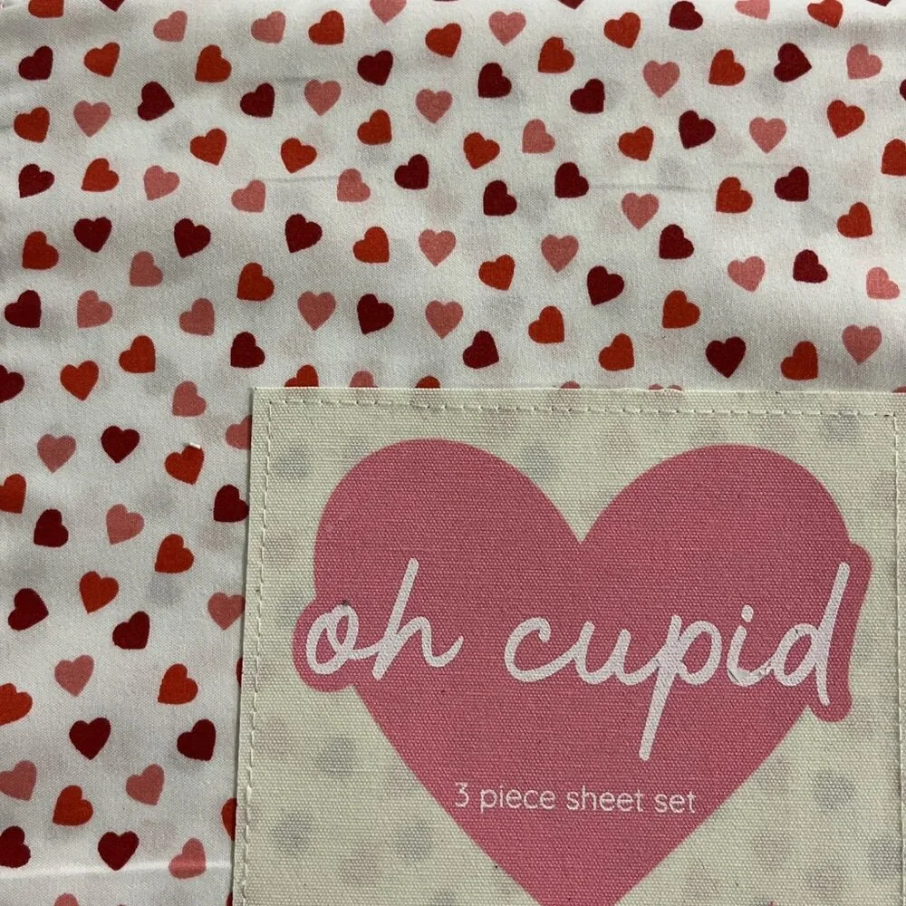 Oh Cupid Twin Sheet Set White With All Over‎ Pink Red Heart Print Valentine Love